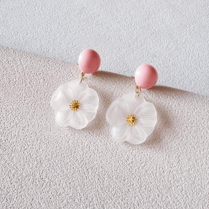 Boho Flower Earrings with Golden Stamens & Pink Balls Iron Posts
